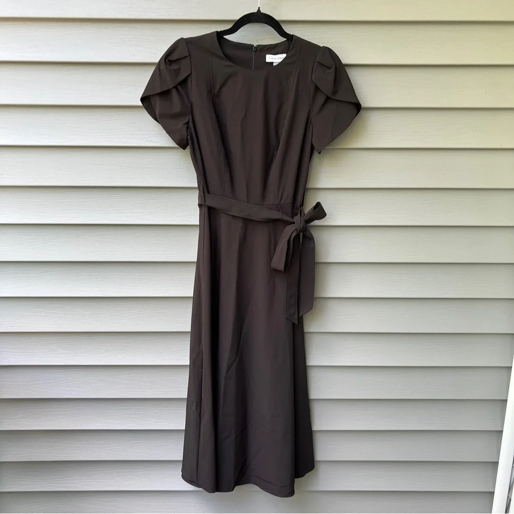 Calvin Klein Tulip Sleeve Fit & Flare Midi Dress Black Women’s 4 Belted Waist - Picture 2 of 16